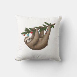 Merry Sloth on Christmas Tree Branch with Ornament Throw Pillow