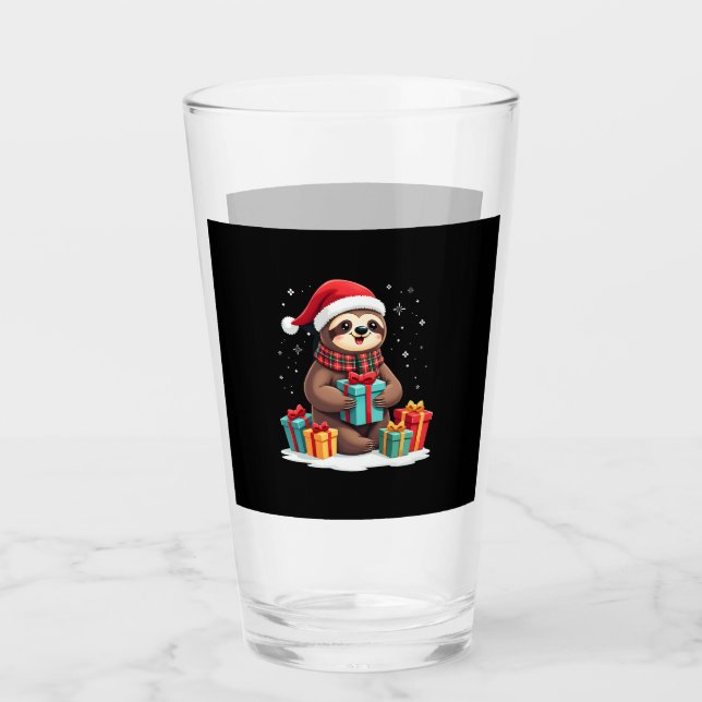 Merry Slothmas cute Christmas sloth Santa hat Xmas Glass (Front)