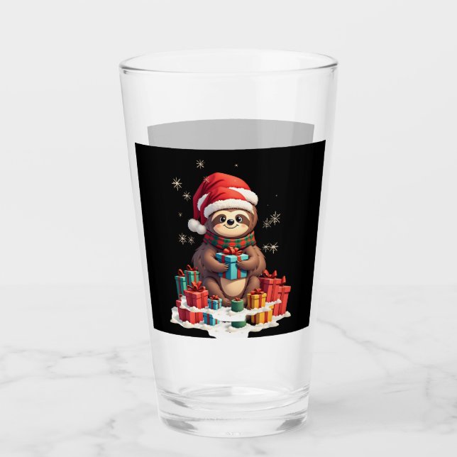 Merry Slothmas cute Christmas sloth Santa hat Xmas Glass (Front)