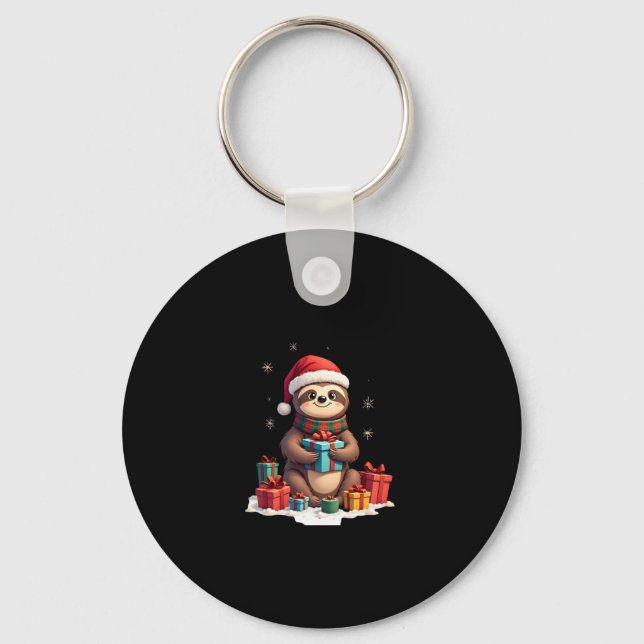 Merry Slothmas cute Christmas sloth Santa hat Xmas Keychain (Front)