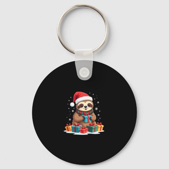 Merry Slothmas cute Christmas sloth Santa hat Xmas Keychain (Front)