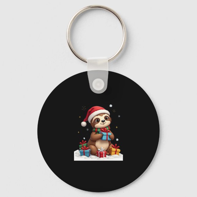 Merry Slothmas cute Christmas sloth Santa hat Xmas Keychain (Front)