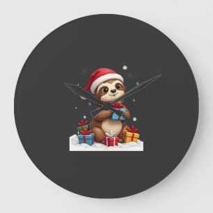 Merry Slothmas cute Christmas sloth Santa hat Xmas Large Clock