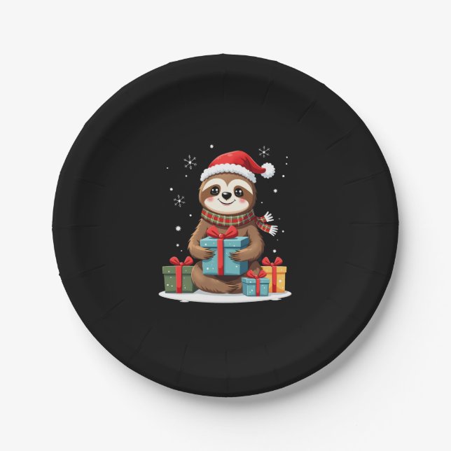 Merry Slothmas cute Christmas sloth Santa hat Xmas Paper Plate (Front)