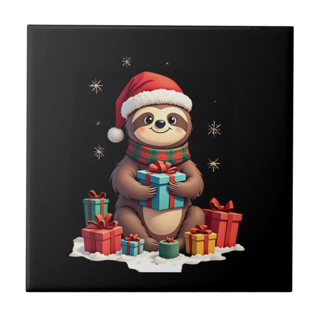 Merry Slothmas cute Christmas sloth Santa hat Xmas Tile (Front)