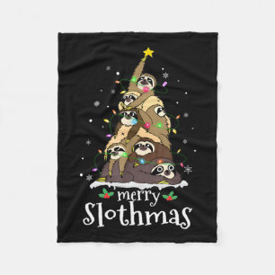 Merry Slothmas Cute Xmas Sloth Santa Hat Christmas Fleece Blanket