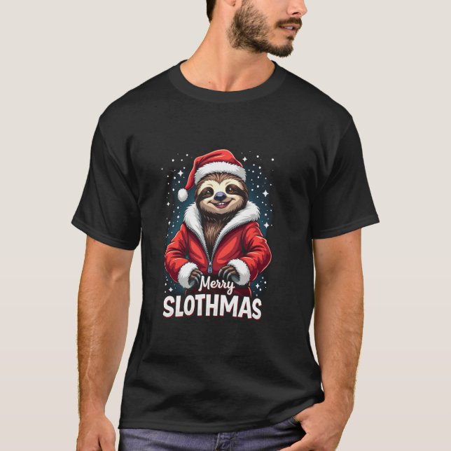 Merry Slothmas Funny Christmas Sloth Santa Disguis T-Shirt (Front)