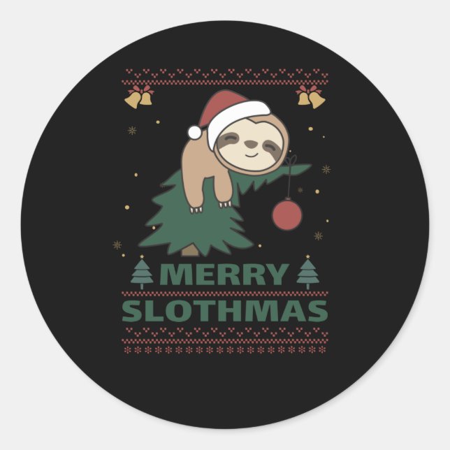 Merry Slothmas Funny Sloth Christmas Pun Classic Round Sticker (Front)