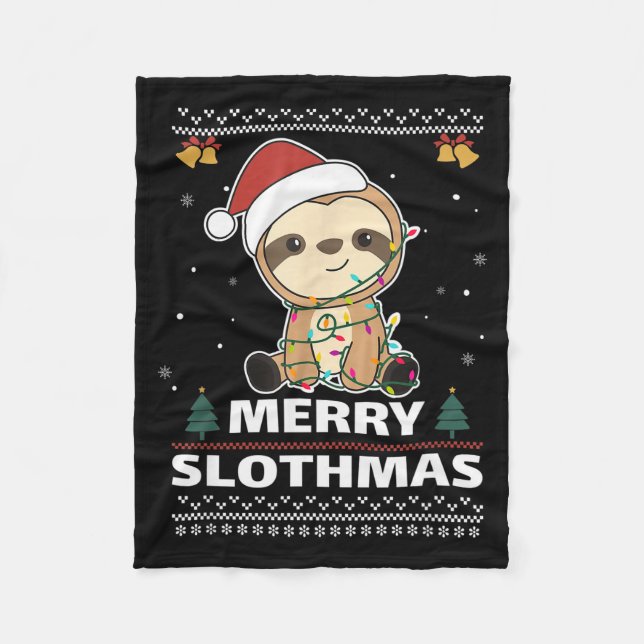 Merry Slothmas Funny Sloth Christmas Pun  Fleece Blanket (Front)