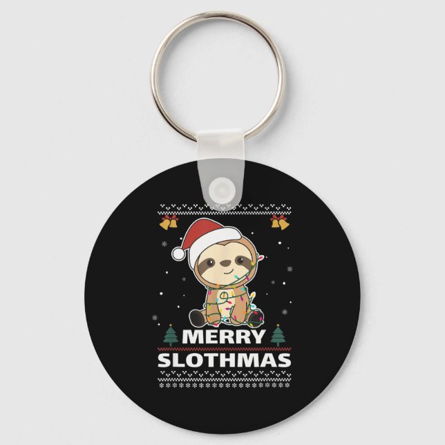 Merry Slothmas Funny Sloth Christmas Pun  Keychain (Front)