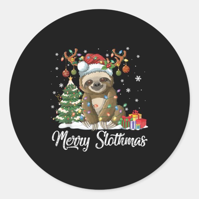 Merry Slothmas Funny Sloth Christmas Tree Lights X Classic Round Sticker (Front)