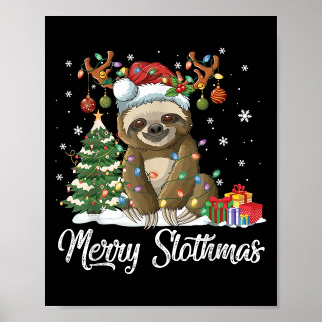 Merry Slothmas Funny Sloth Christmas Tree Lights X Poster (Front)