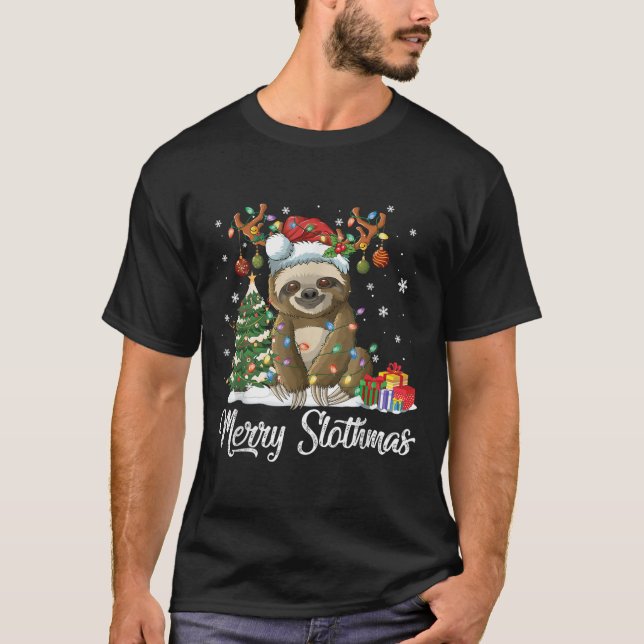 Merry Slothmas Funny Sloth Christmas Tree Lights X T-Shirt (Front)