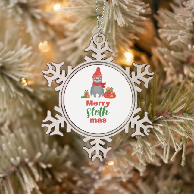 Merry Slothmas Snowflake Pewter Christmas Ornament (Tree)