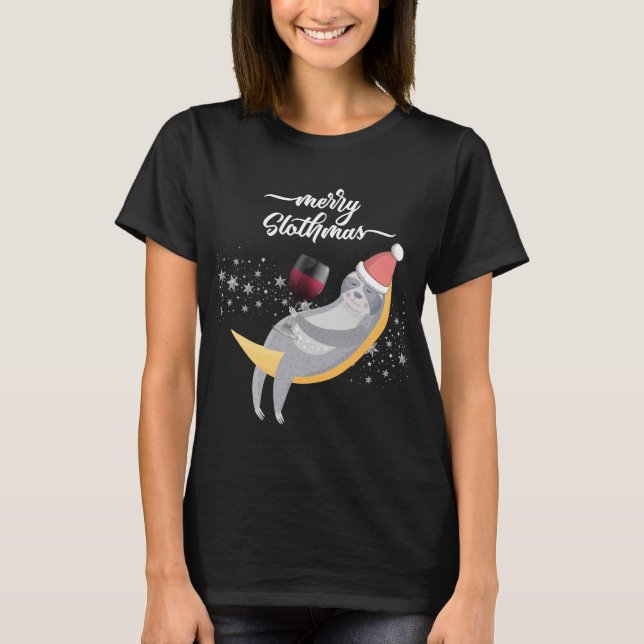 Merry Slothmas Wine Drinking Sloth Moon Holiday T-Shirt (Front)