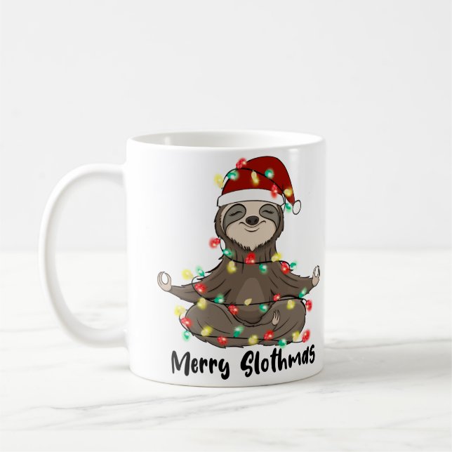 Merry Slothmas Yoga Sloth Meditating Christmas Coffee Mug (Left)