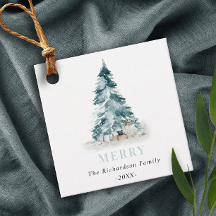 Merry Snow Watercolor Pine Christmas Tree Gifts Favour Tags