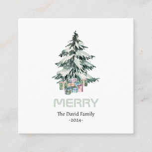 Merry Snow Watercolor Pine Christmas Tree Gifts  Square Business Card
