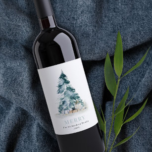 Merry Snow Watercolor Pine Christmas Tree Gifts Wine Label