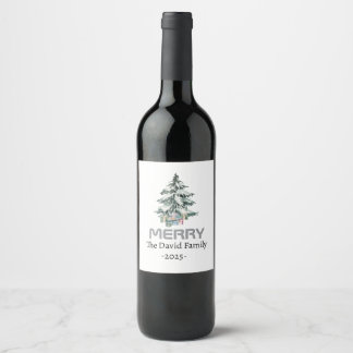 Merry Snow Watercolor Pine xmas botanical Tree Wine Label