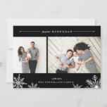 Merry Snowflake Hanukkah Photo Card | Black<br><div class="desc">Elegant and modern Hanukkah photo card features two favourite photos aligned side by side, with "Joyous Hanukkah" at the top in white italic and block typography. Personalize with your custom greeting and name at the bottom, accented by four white snowflake illustrations. A rich black background adds classic elegance to your...</div>