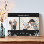 Merry Snowflake Hanukkah Photo Card | Black<br><div class="desc">Elegant and modern Hanukkah photo card features two favourite photos aligned side by side, with "Joyous Hanukkah" at the top in white italic and block typography. Personalize with your custom greeting and name at the bottom, accented by four white snowflake illustrations. A rich black background adds classic elegance to your...</div>