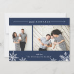 Merry Snowflake Hanukkah Photo Card | Navy<br><div class="desc">Elegant and modern Hanukkah photo card features two favourite photos aligned side by side, with "Joyous Hanukkah" at the top in white italic and block typography. Personalize with your custom greeting and name at the bottom, accented by four white snowflake illustrations. A navy blue background adds classic elegance to your...</div>