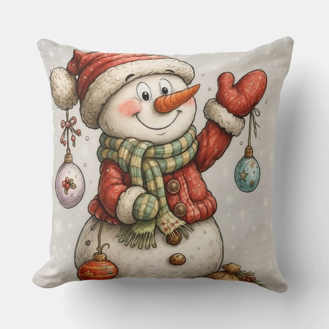 Merry snowman with Christmas balls Throw Pillow (Front)