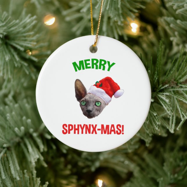 Merry Sphynx-Mas Funny Christmas Sphynx Cat Lover Ceramic Ornament (Tree)