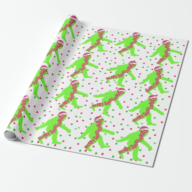Merry Squatchmas Pink and Green Wrapping Paper (Unrolled)