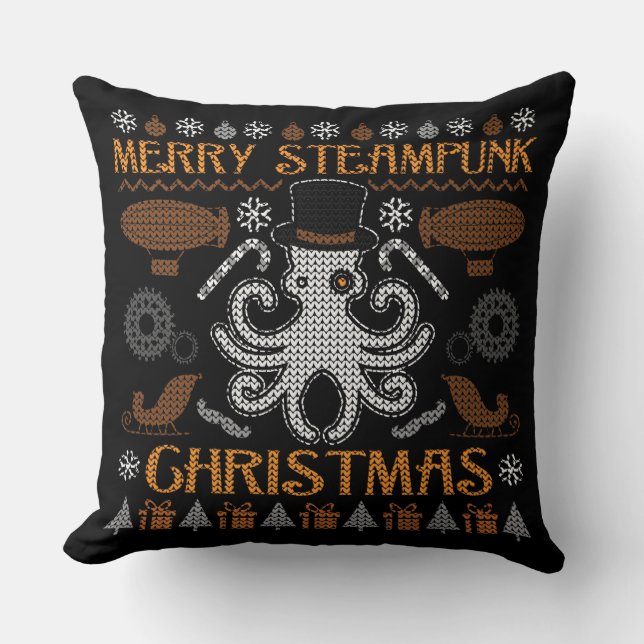 Merry Steampunk Christmas Octopus Top Hat Pillow (Front)