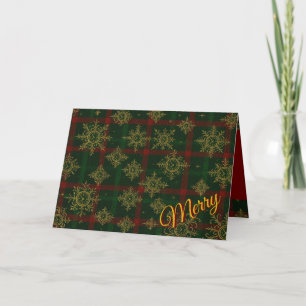 Merry Steampunk Snowflake Red and Green Tartan Holiday Card
