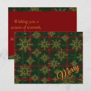 Merry Steampunk Snowflake Red and Green Tartan Holiday Postcard