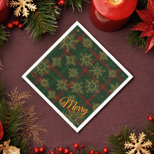 Merry Steampunk Snowflake Red and Green Tartan Napkin