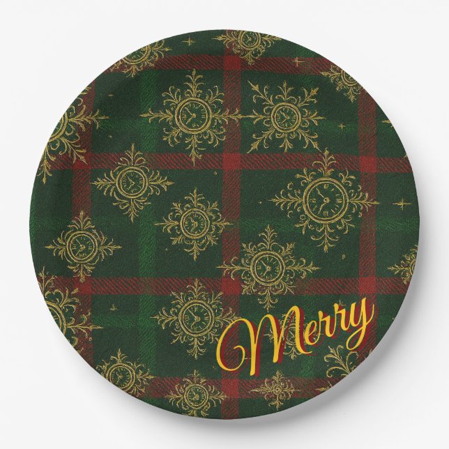 Merry Steampunk Snowflake Red and Green Tartan Paper Plate (Front)
