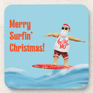 Merry Surfin' Christmas Santa on Surfboard Coaster