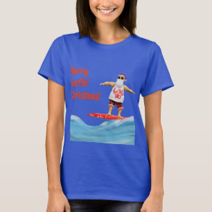 Merry Surfin' Christmas Santa on Surfboard T-Shirt