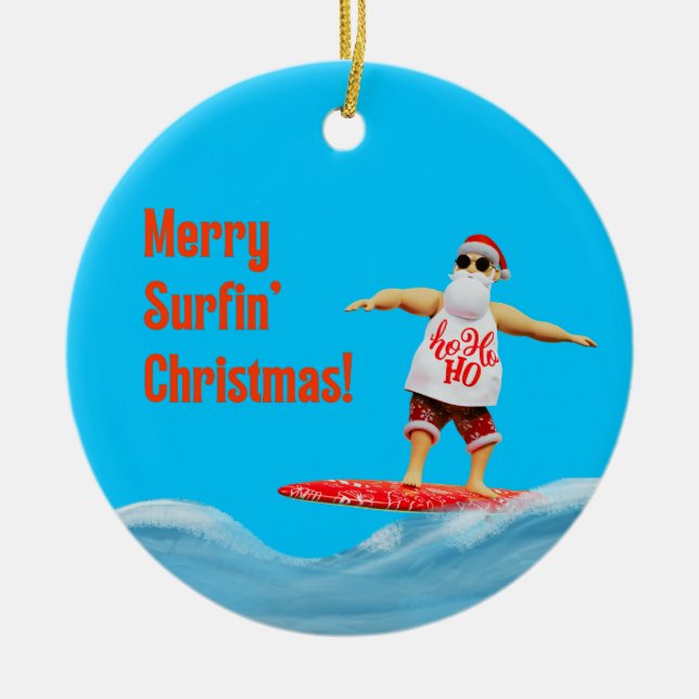 Merry Surfin' Christmas Santa on Surfboard Throw P Ceramic Ornament (Front)