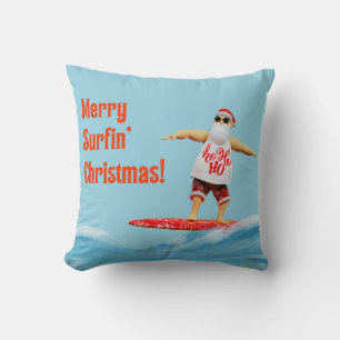 Merry Surfin' Christmas Santa on Surfboard Throw Pillow