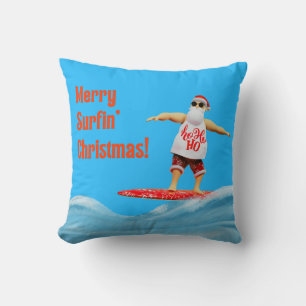 Merry Surfin' Christmas Santa on Surfboard Throw Pillow