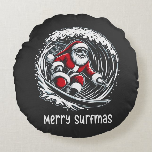 Merry Surfmas Round Pillow (Front)