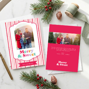 Merry & Sweet Pink Stripes Christmas Photo Cute Holiday Card