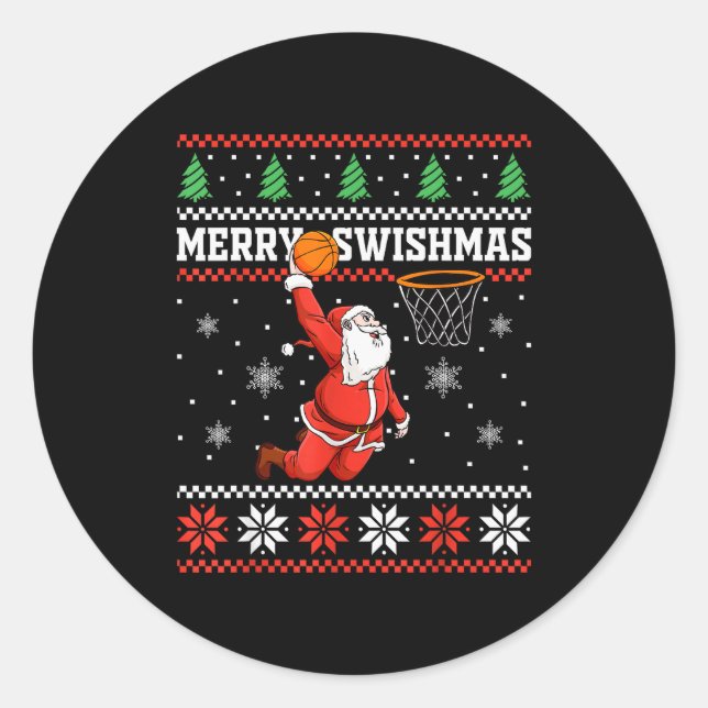 Merry Swishmas Basketball Snowman Christmas Ugly P Classic Round Sticker (Front)