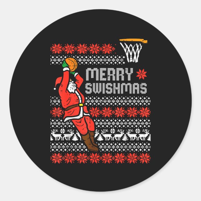 Merry Swishmas Basketball Ugly Christmas Xmas Men  Classic Round Sticker (Front)