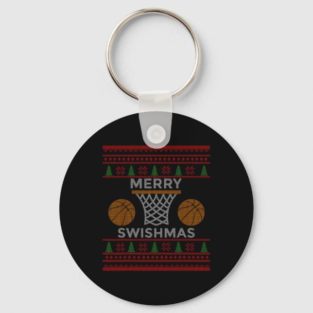 Merry Swishmas Bysketbyll Fun Cool Boy Christmas  Keychain (Front)