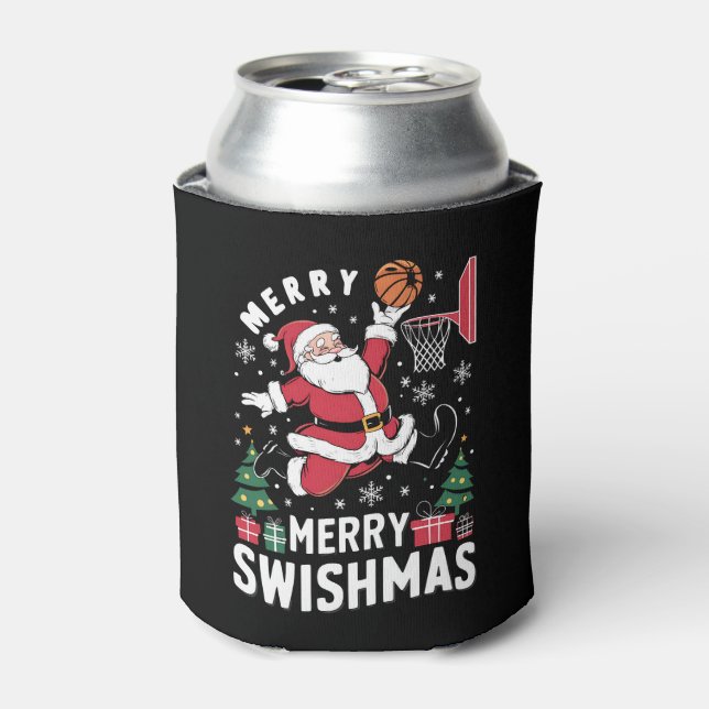 Merry Swishmas Christmas Santa Playing Basketball  Can Cooler (Can Front)
