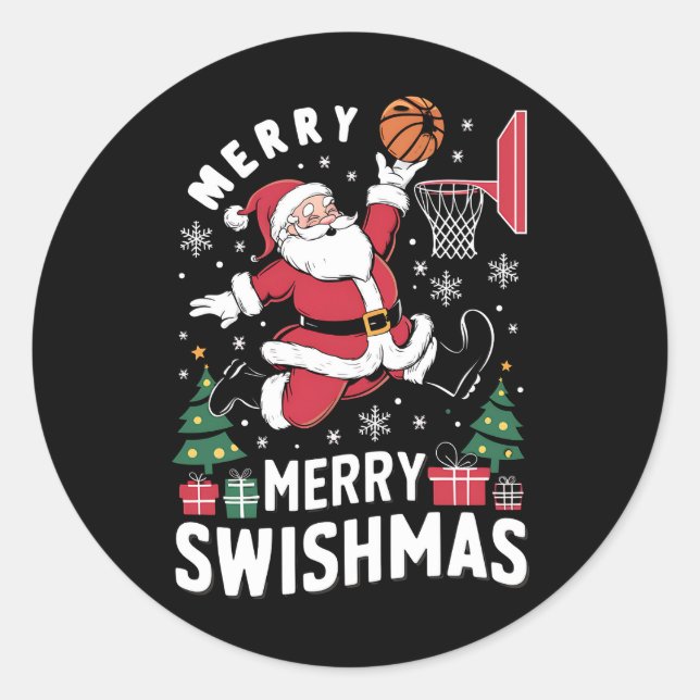 Merry Swishmas Christmas Santa Playing Basketball  Classic Round Sticker (Front)