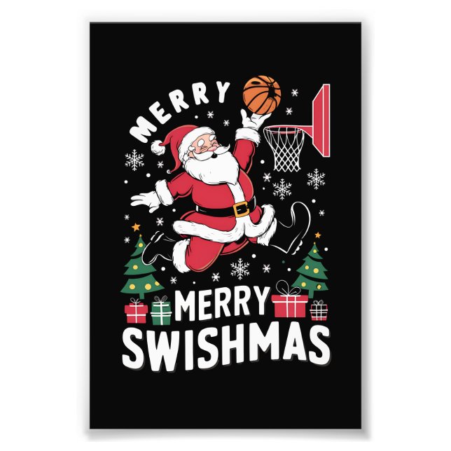 Merry Swishmas Christmas Santa Playing Basketball  Photo Print (Front)