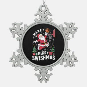 Merry Swishmas Christmas Santa Playing Basketball Snowflake Pewter Christmas Ornament