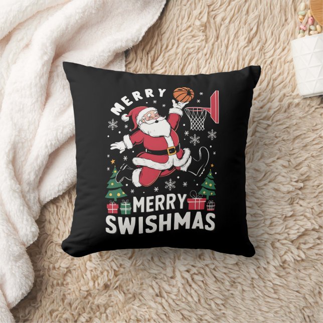 Merry Swishmas Christmas Santa Playing Basketball  Throw Pillow (Blanket)